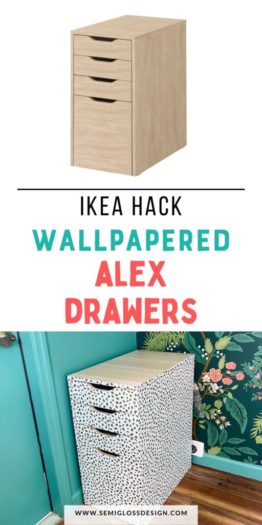 collage of ikea alex drawers with wallpaper