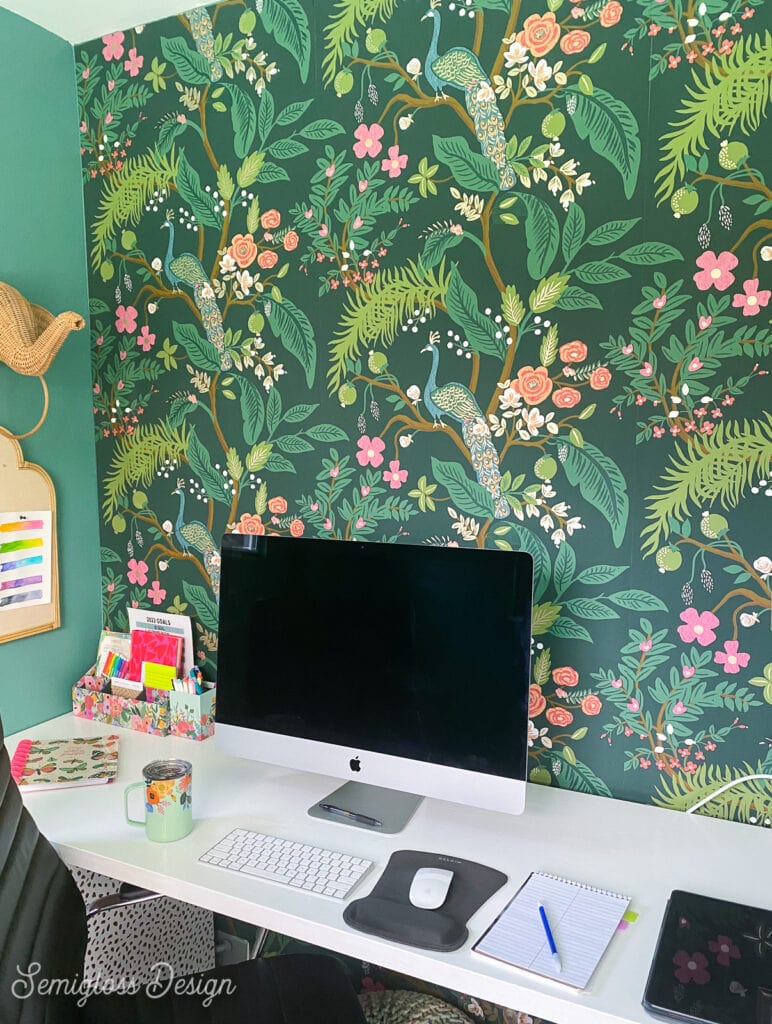 office with Rifle Paper co peacock wallpaper on wall