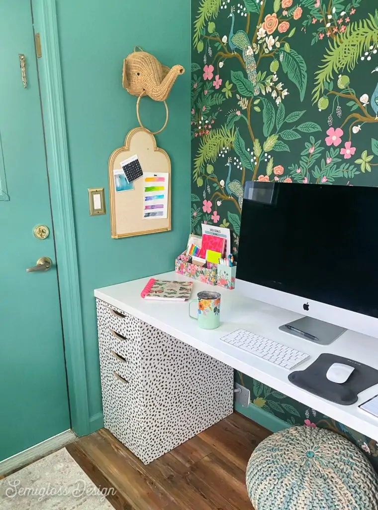 office with colorful wallpaper 