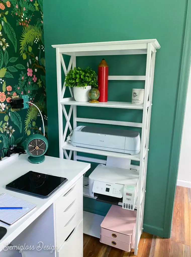shelf in office with printer and cricut