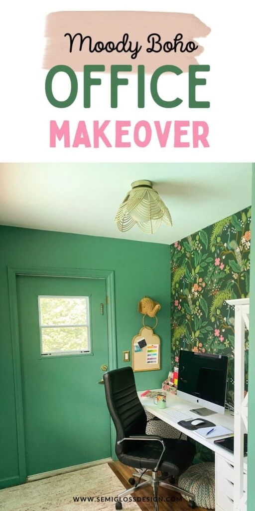 green office with rifle paper peacock wallpaper and rattan light