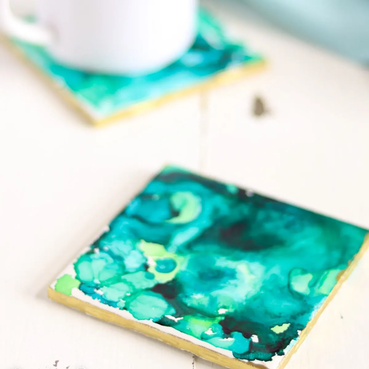 teal alcohol ink coaster
