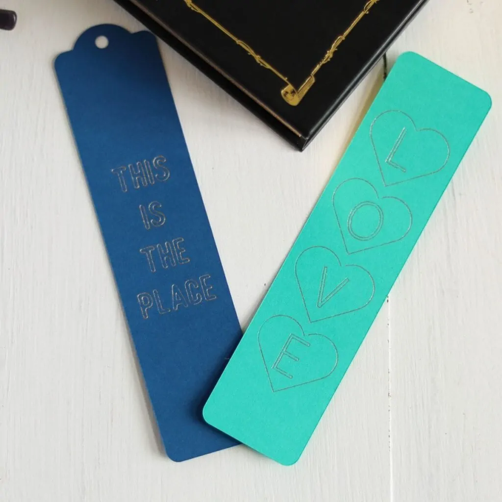 blue bookmarks with gold foil details