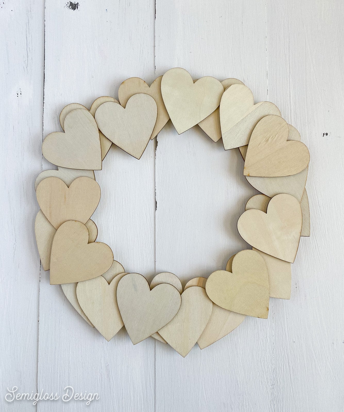 wooden hearts on wreath form