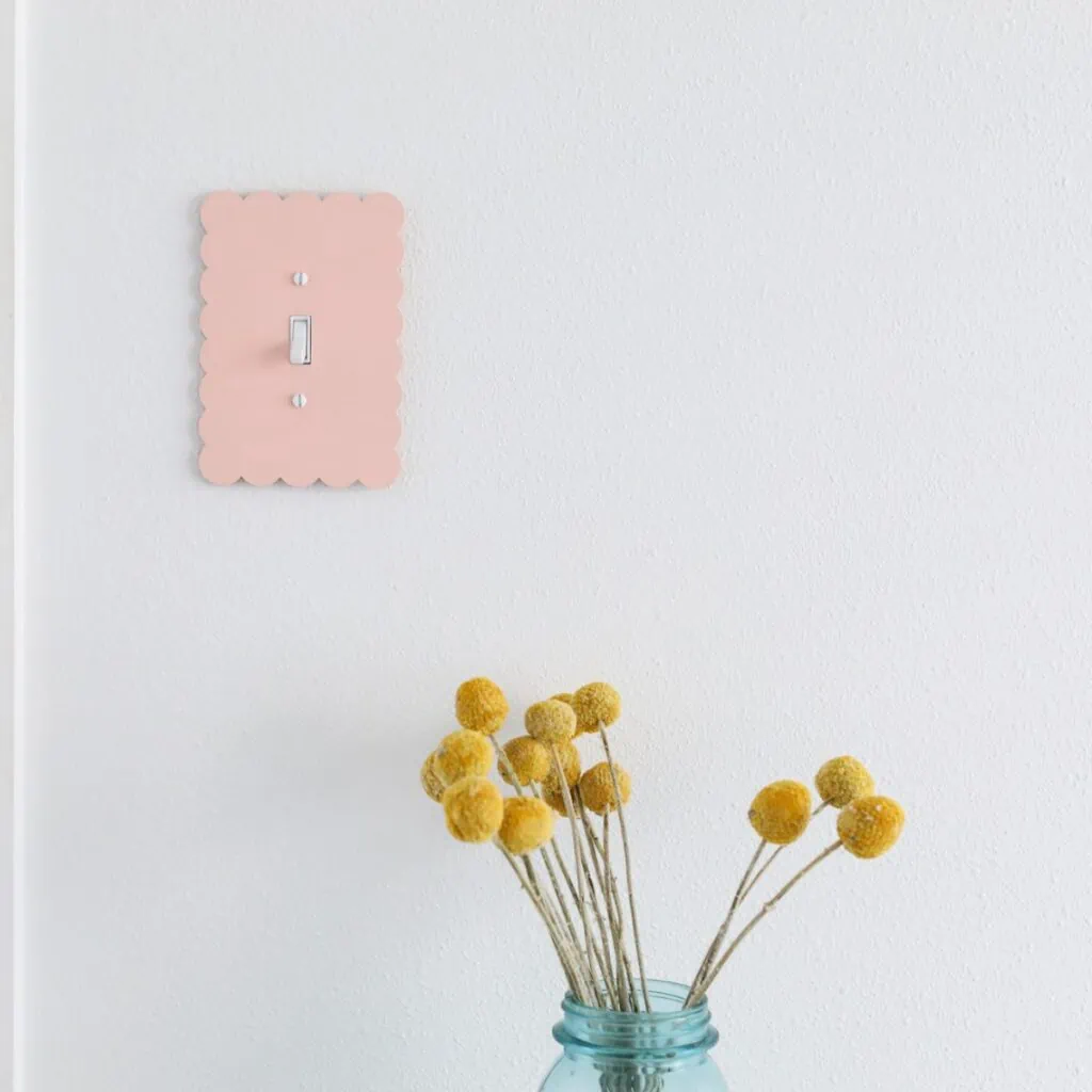 pink scalloped light switch cover and vase of dried flowers