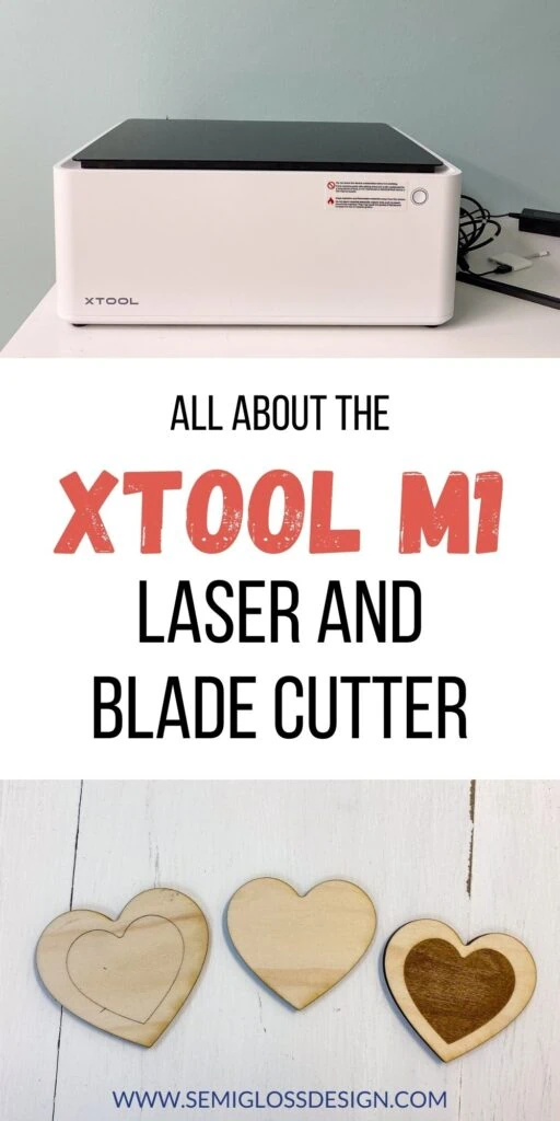 collage of xTool M1 laser cutter and wooden hearts cut with laser cutter