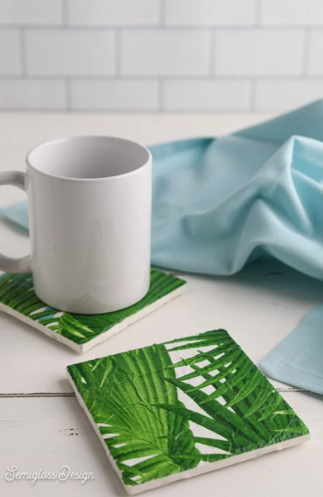 tropical leaf pattern decoupage tile coaster with mug