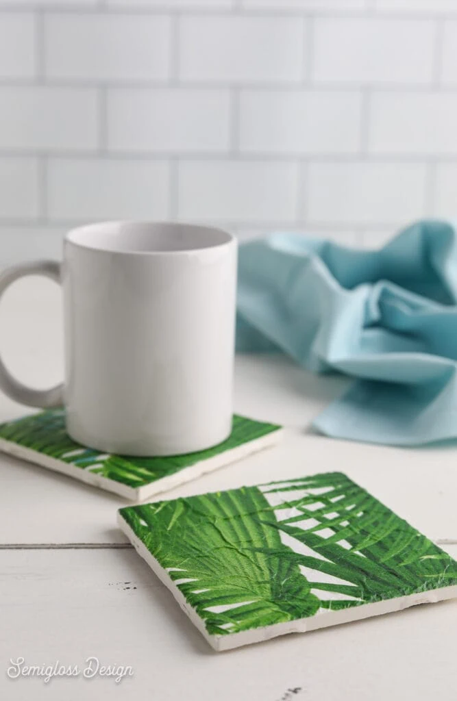 tropical leaf decoupage coaster with mug