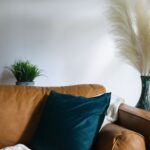 leather sofa with throw blanket and velvet pillow