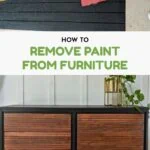 collage of hand scraping paint from wood and finished drawer with dark wood stained drawers