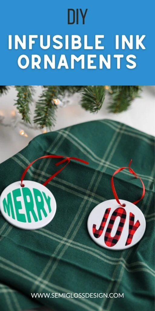 green linen with ornaments that say "merry" and "joy"