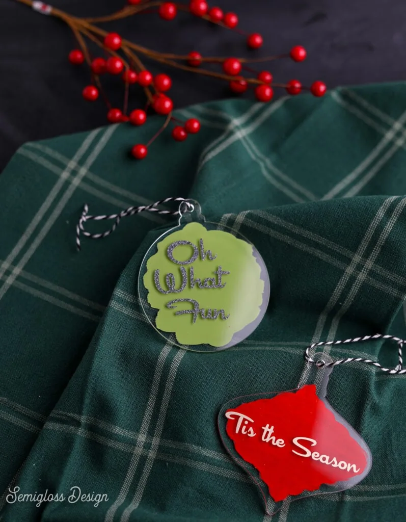 acrylic ornaments with vinyl Christmas phrases