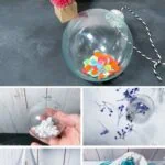 collage of clear ornaments filled with items