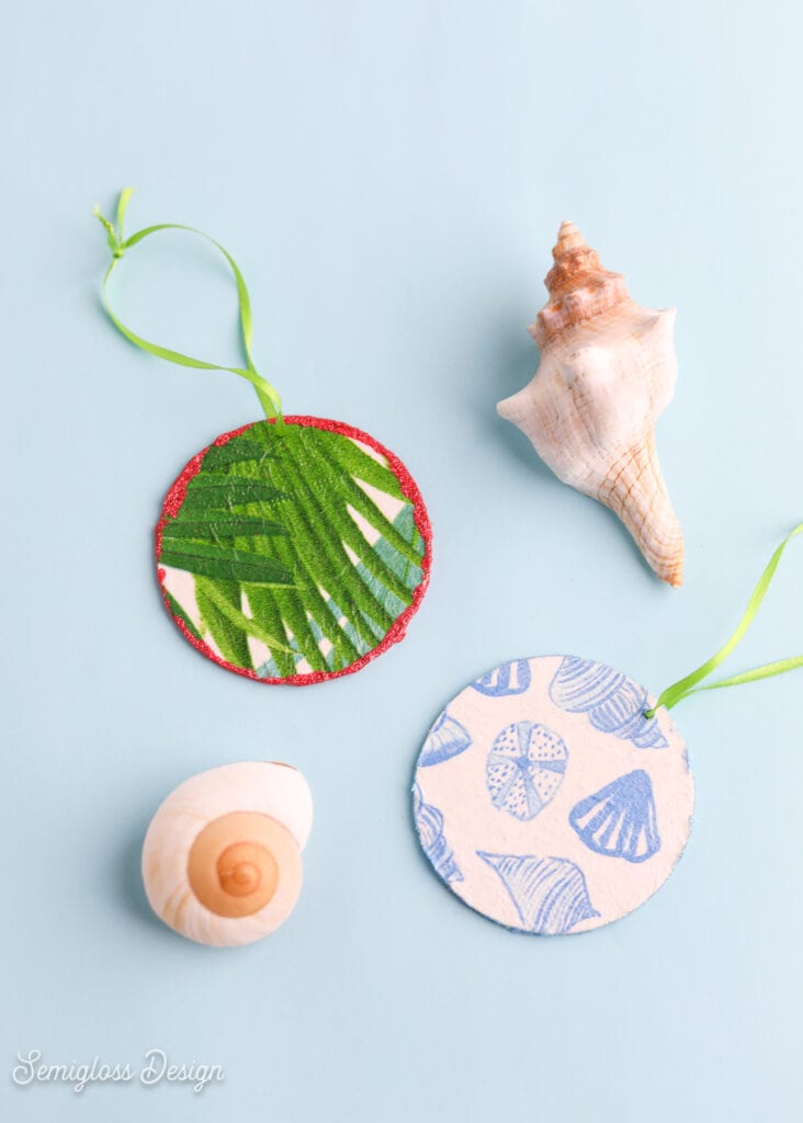 beachy decoupaged ornaments with shells