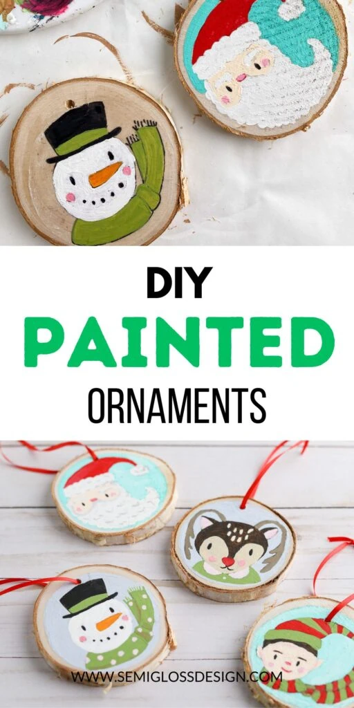 ornaments painted with snowman, Santa, elf and reindeer