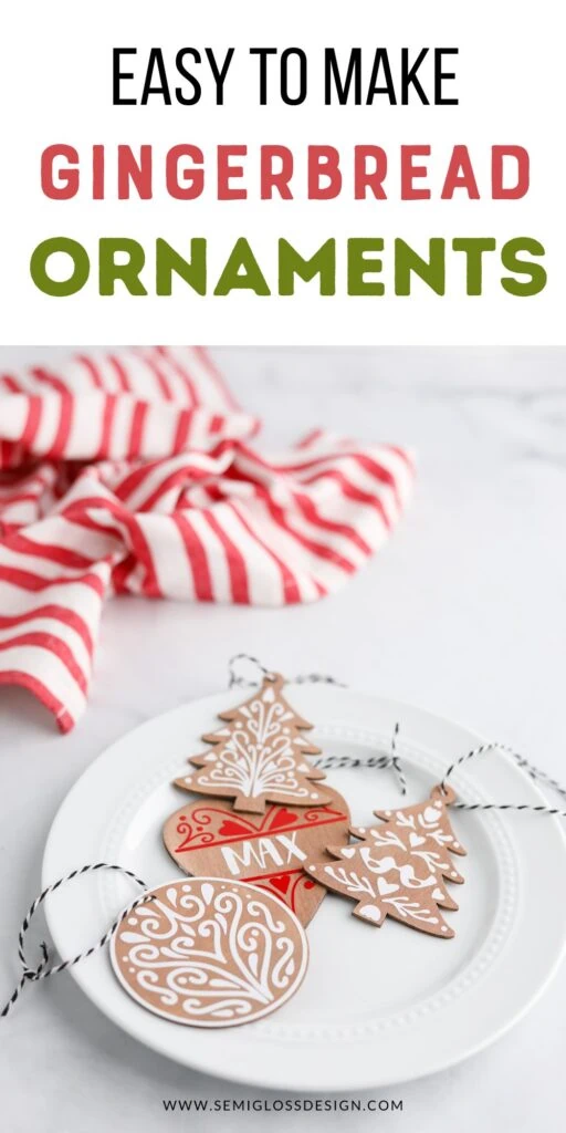 plate of gingerbread cookie ornaments made with vinyl