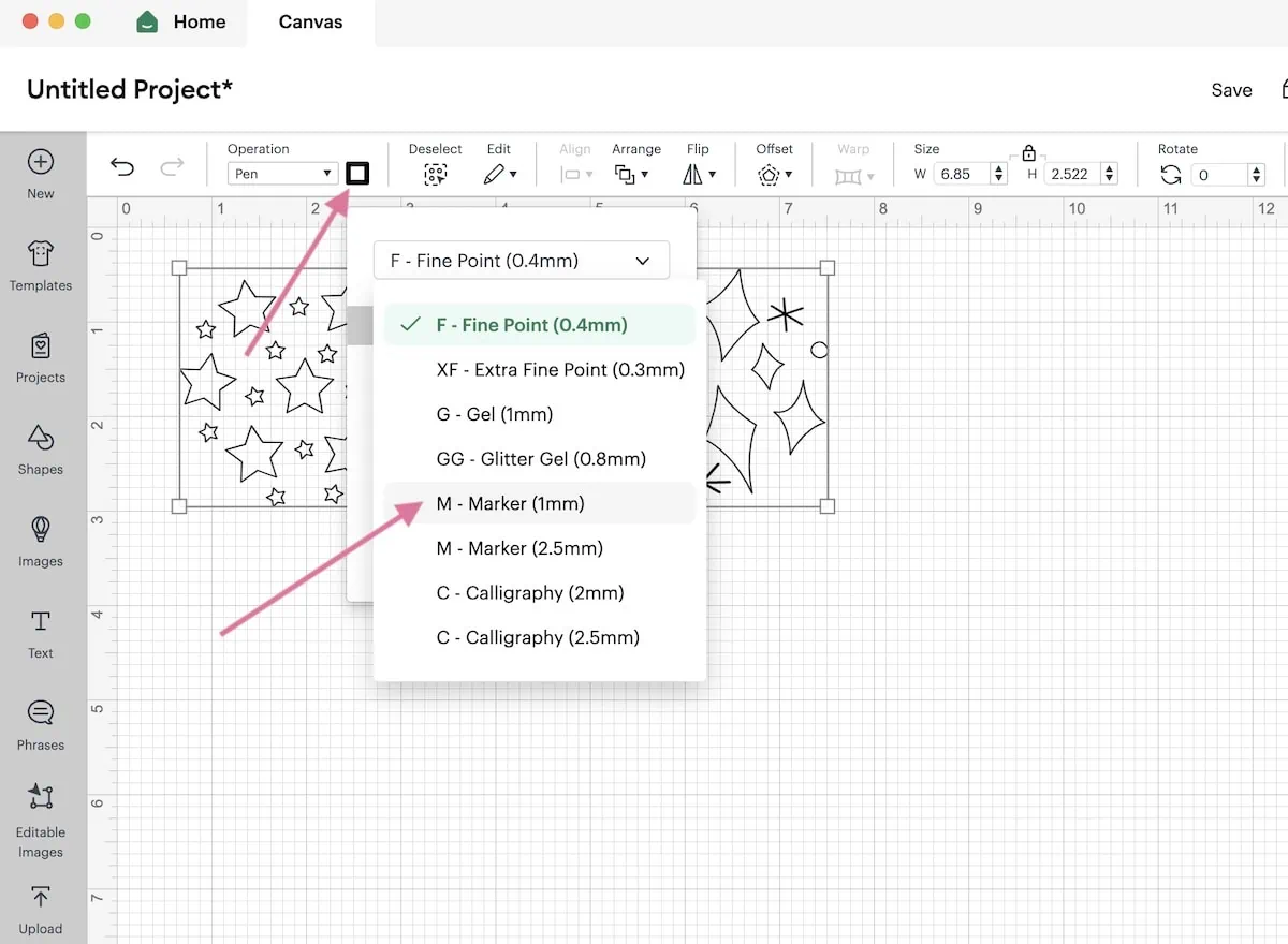 changing pen type in cricut design space