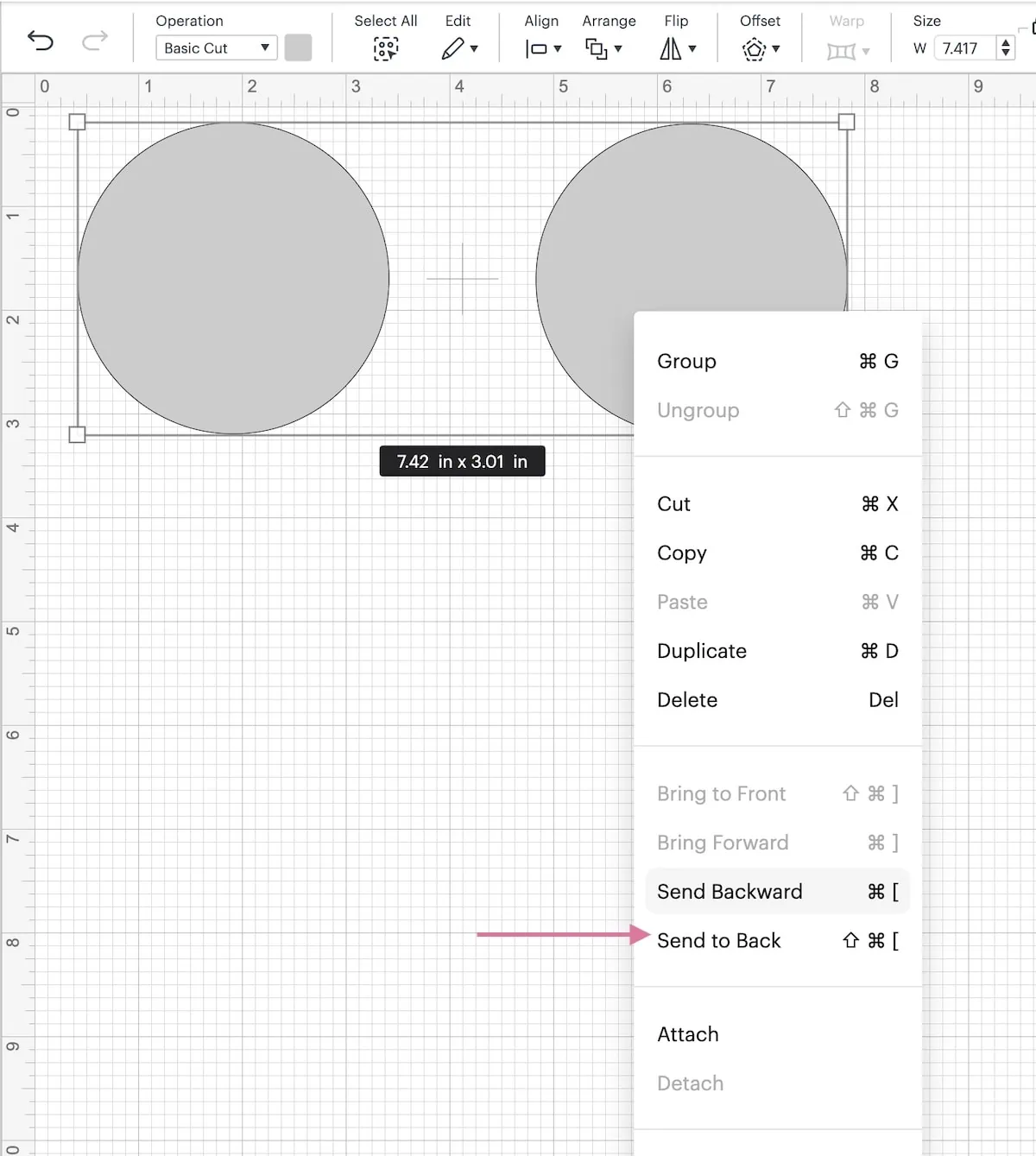 sending circles to back in cricut design space