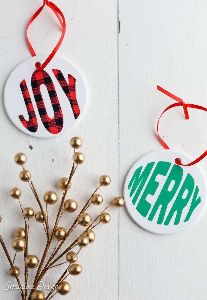 ornaments that say "joy" and "merry"