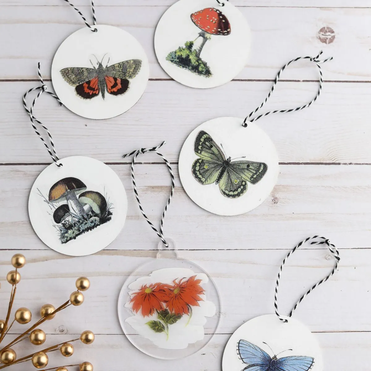 ornaments with mushrooms, butterflies, and flowers
