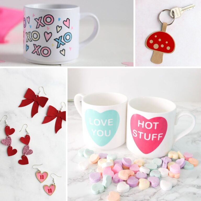 valentine's day craft collage of mugs and earrings