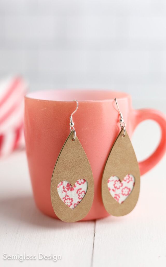 pink coffee cup with heart fabric earrings