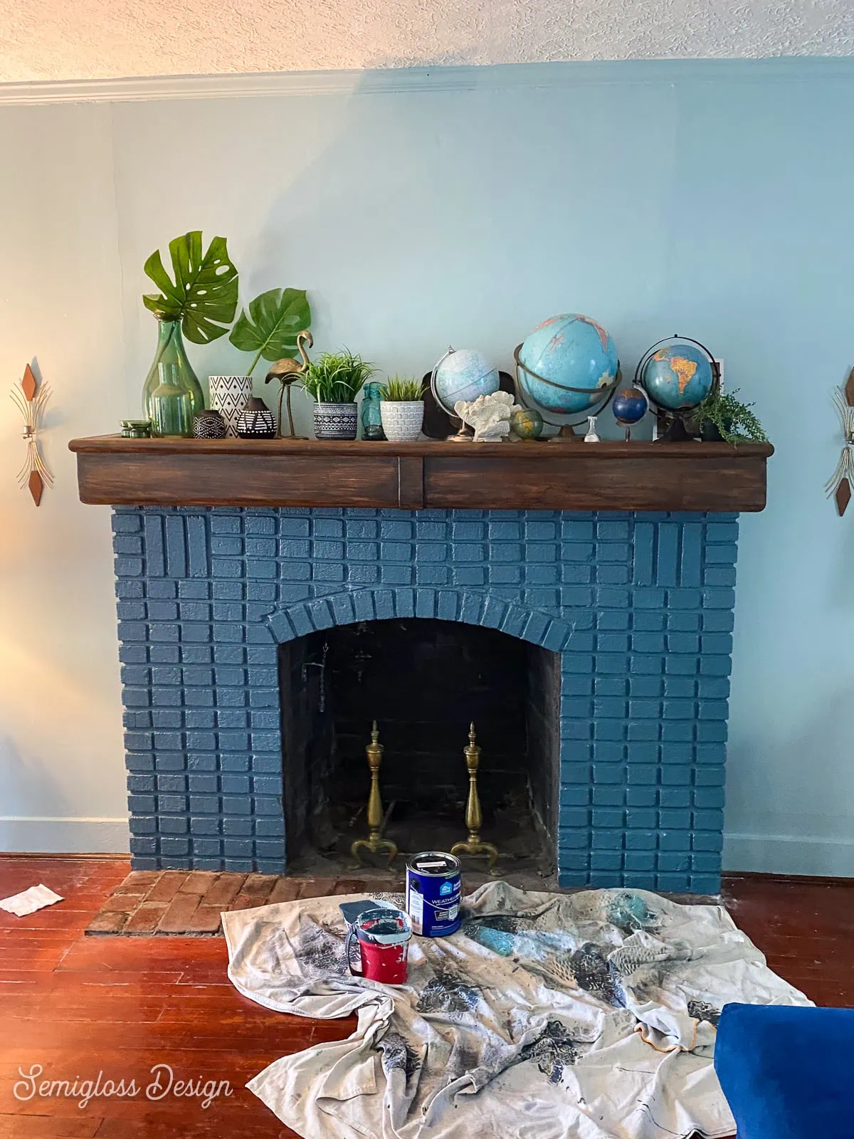 fireplace painted blue