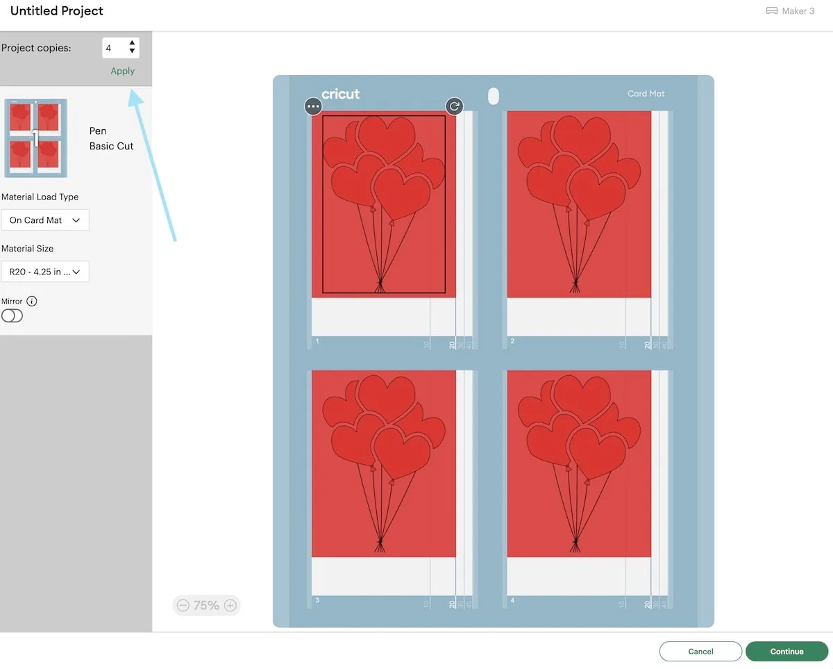 screenshot of making 4 cards with cricut