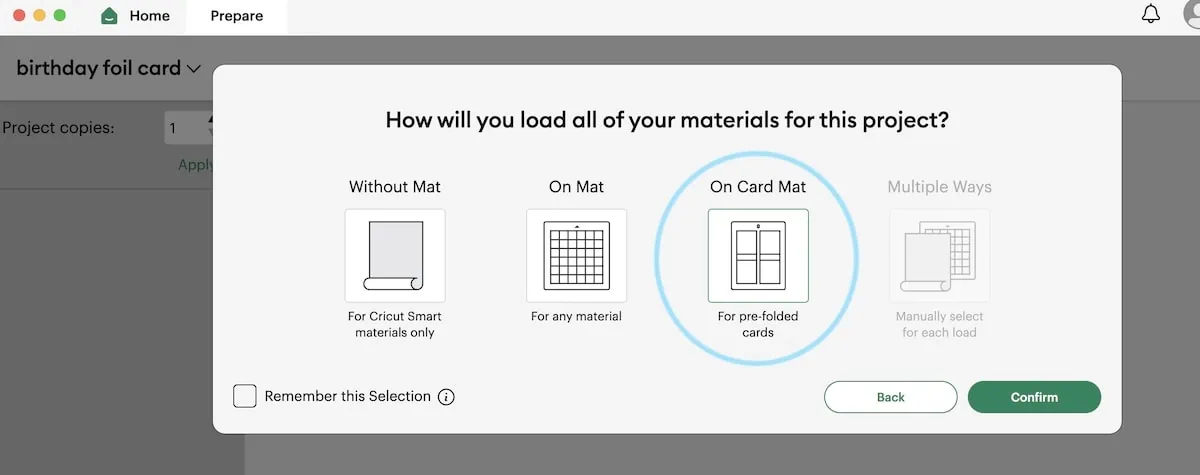 mat type dialog screen in cricut design space