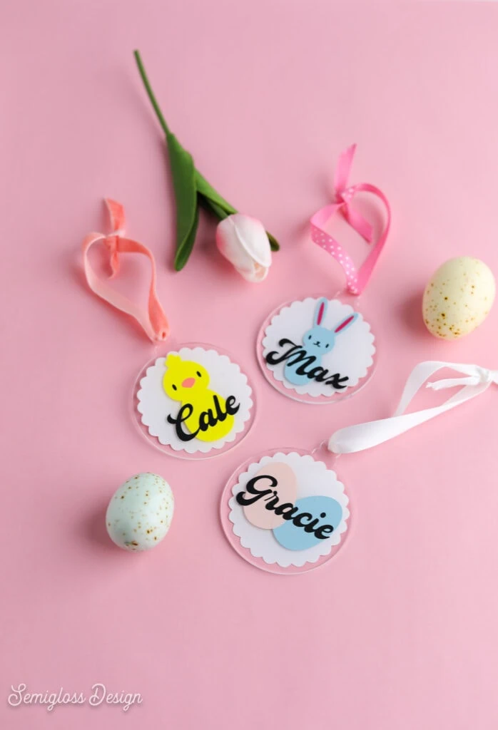 easter basket name tags on pink background