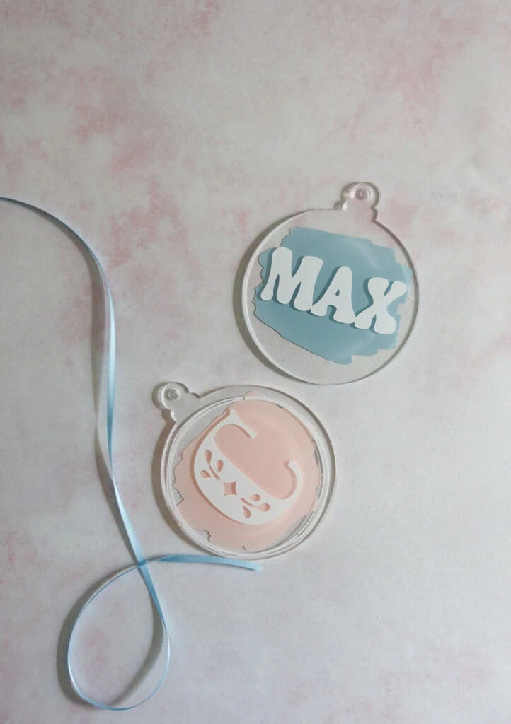 acrylic ornaments with paint swashes and vinyl decals