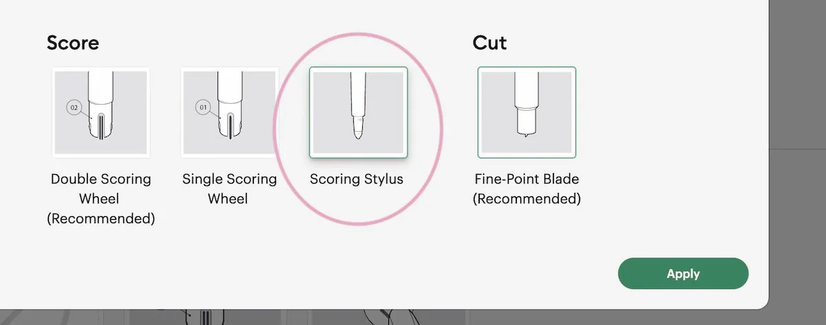 changing scoring wheel to scoring stylus in cricut design space