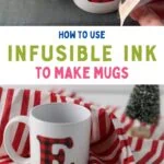 collage of mug being being made and finished E monogram mug with red dish towel