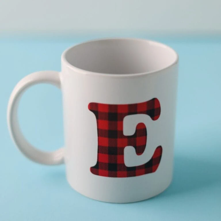 mug with buffalo check E monogram