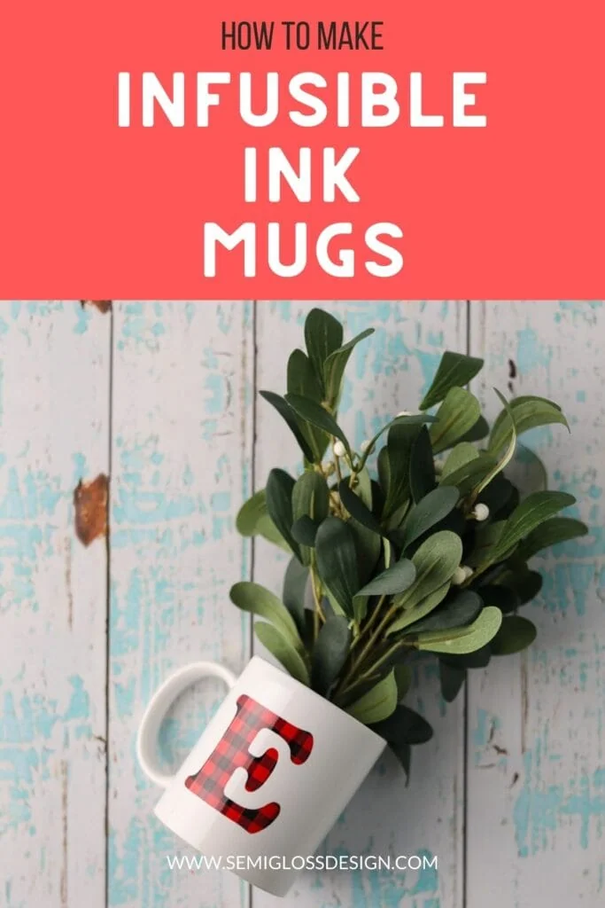 mug with buffalo check pattern letter E and greenery 