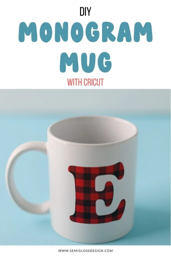 mug with E monogram in red plaid pattern