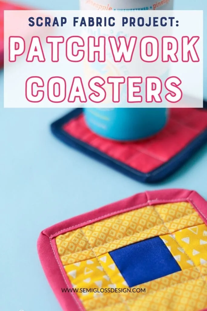 quilted patchwork coasters with a soda