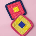 pink, yellow, and blue patchwork coasters