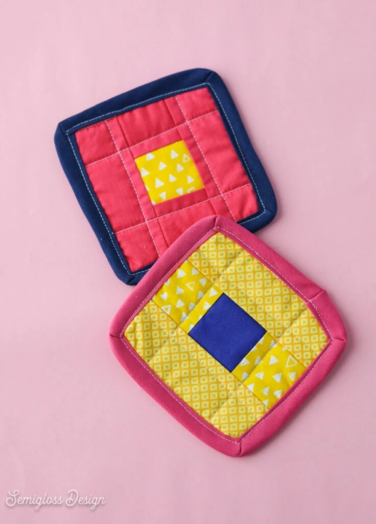 pink, yellow, and blue patchwork coasters