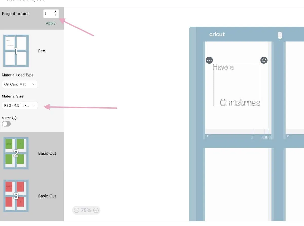 selecting card size in cricut design space