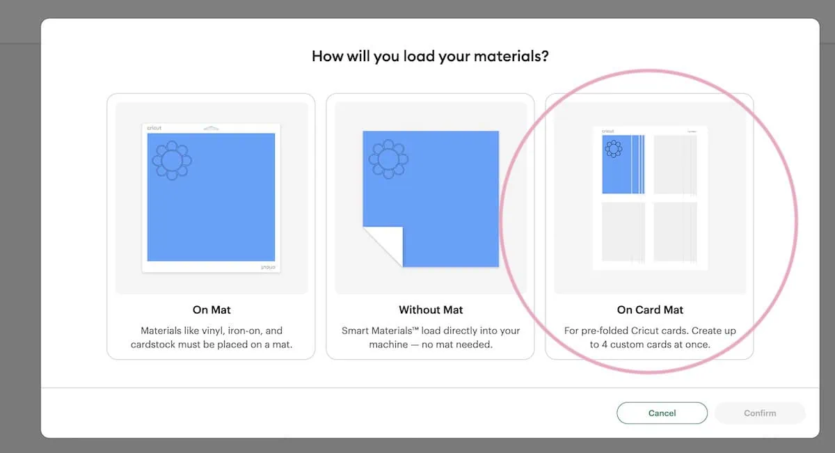 selecting card mat in cricut design space