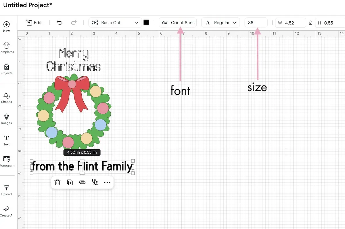 changing font and size in cricut design space