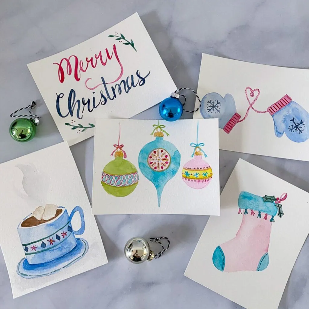 Christmas cards painted with watercolor