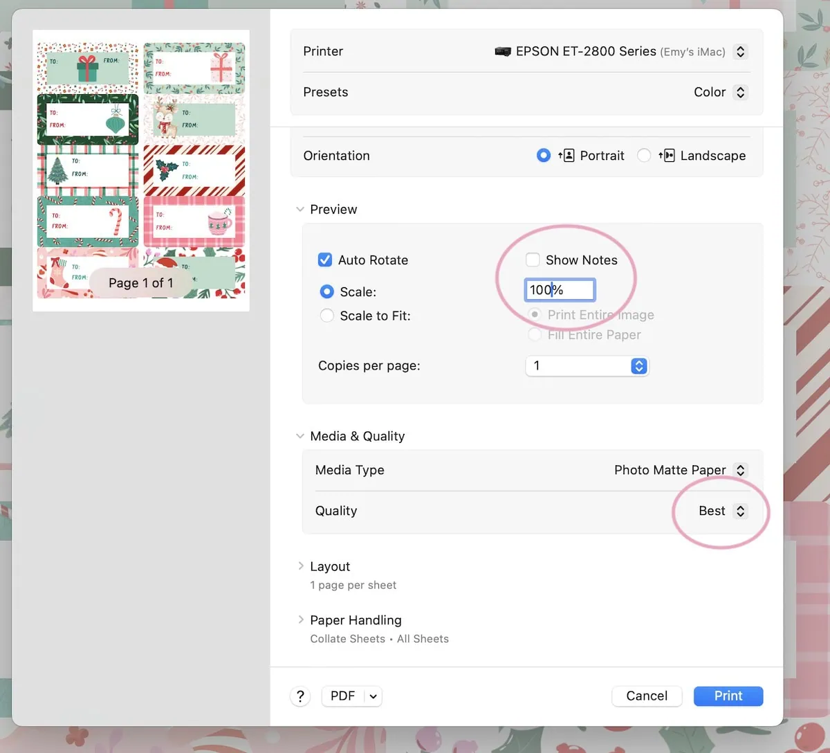 print settings for gift tags