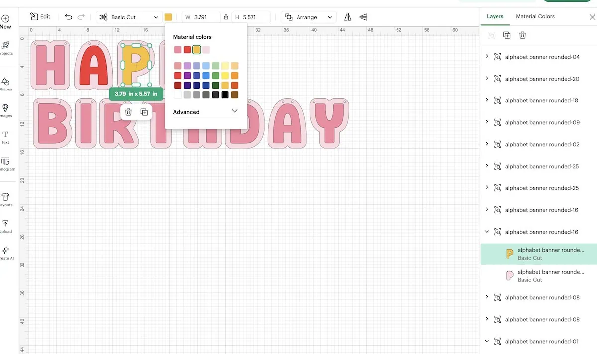 changing colors for birthday banner in cricut design space