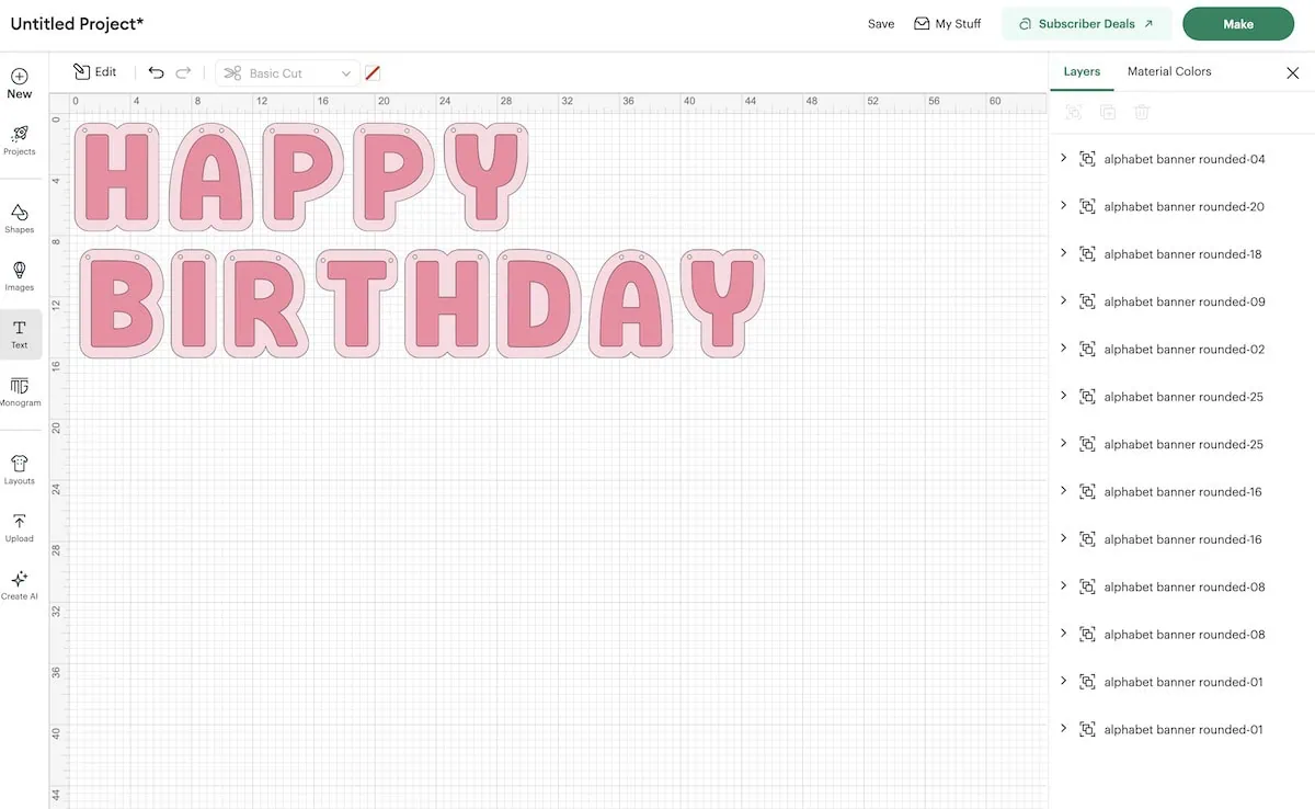 screenshot of cricut design space showing happy birthday banner