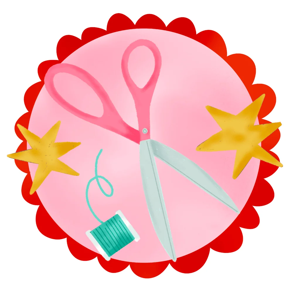 illustration of scissors and thread with stars