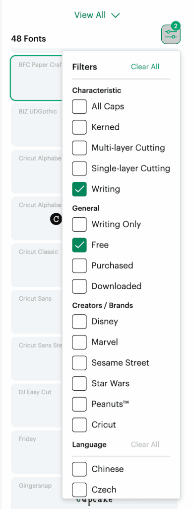 filtering fonts in cricut design space
