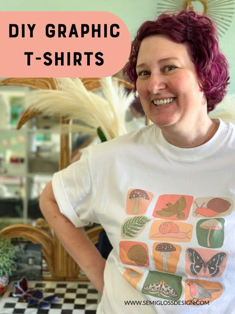 lady wearing t-shirt with mushrooms, moths, snails, and birds