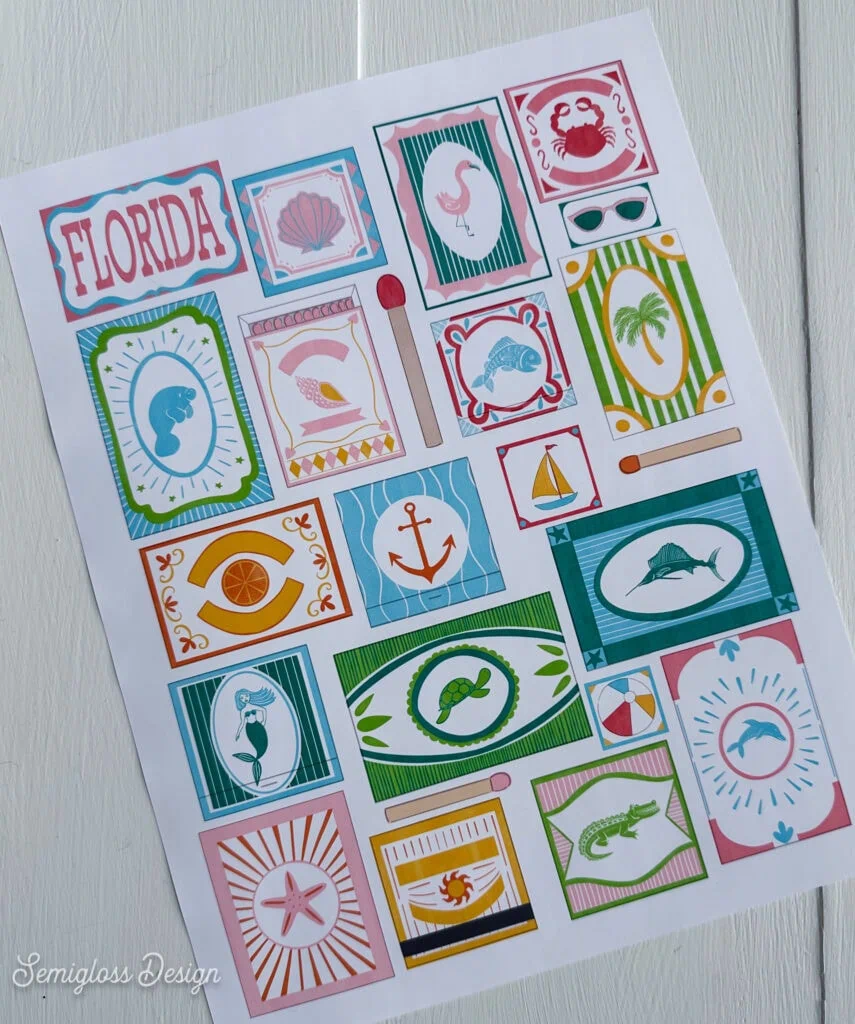 sticker sheet with Florida matchbook illustrations